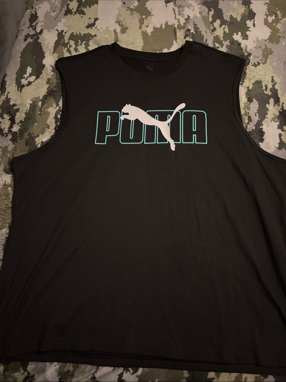 Puma Black Muscle Tank with Teal Outline and White Logo